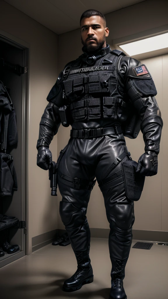 1 furry, a big powerful male navy soldier, (afroamerican genetics, wearing a leather collar, inside a changing room, serious face:1.19) male, soft light, (photorrealistic rendering, detailed manly face, bull wearing black swat gear, detailed clothing textures, focus on tactical boots:1.21), solo, wearing black tactical boots, (photographic masterpiece, detailed tactical uniform:1.61), (hyper muscles, huge bulge:1.51), hyperrealistic (photographic lighting, medial ring, hazel eyes, wearing tactical gloves, facial hair, focus on fully clothed:1.43), (full view from floor, detailed boot leather texture:1.32), huge muscles, tight uniform, looking massive