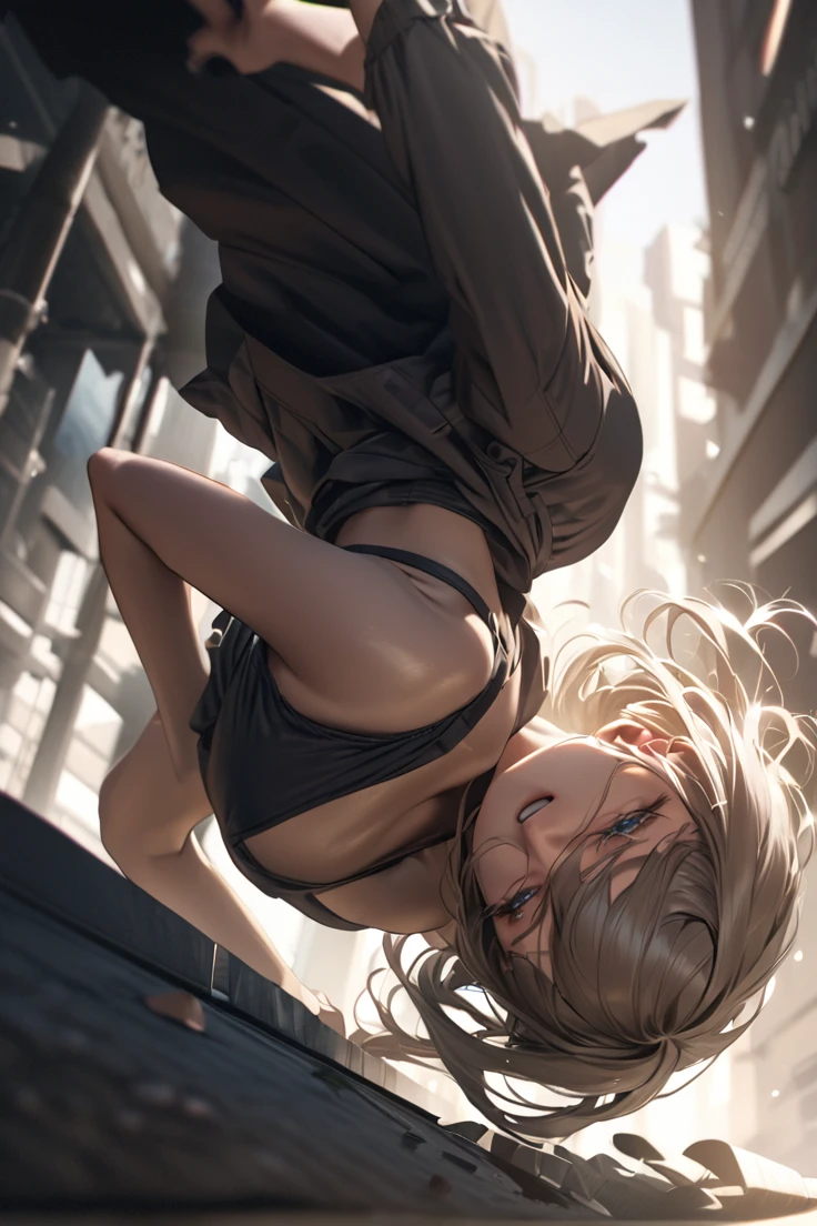 a woman falling, tripping and in pain, detailed face, beautiful eyes, photorealistic, high quality, cinematic lighting, dramatic angles, muted colors, masterpiece