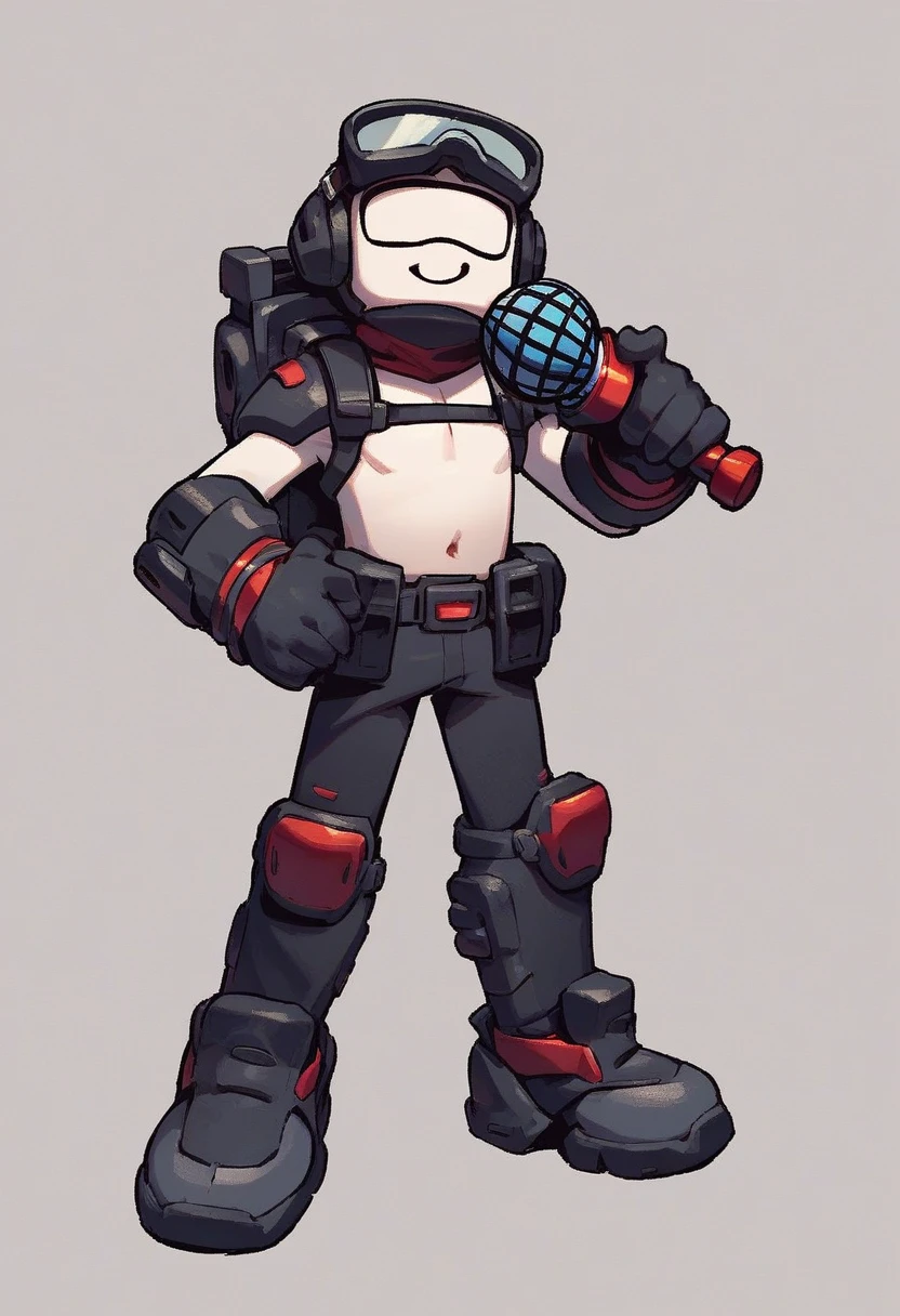 tankman, solo, simple background, 1boy, holding, standing, full body, male focus, white skin, black gloves, microphone, holding microphone, big white goggles, white sports bra, black and white war gear