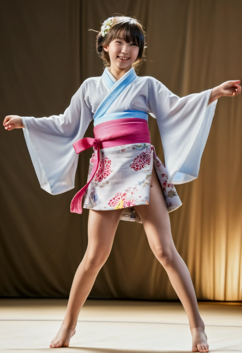 masterpiece, highres, best quality, 1girl solo, ((full-body 1:2)), kamisato_ayaka, smile, kimono, white tabi, upskirt, skirt lift, fundoshi, fundoshi pull, spread legs, standing, ayaka's dance 