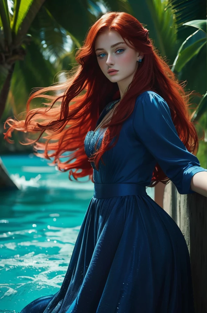  Sophie Turner, ultra detailed face, ultra detailed blue eyes, long red hair, (dress, long skirt), tropical water, (((masterpiece)))