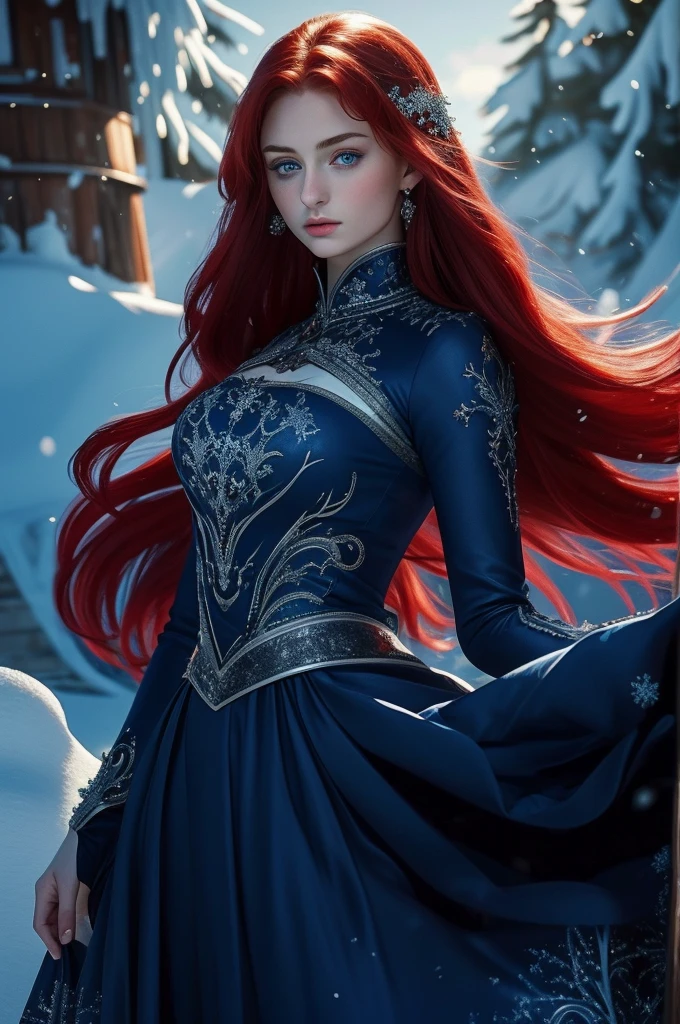 16 year old Sophie Turner, ultra detailed face, ultra detailed blue eyes, long red hair, (dress, long skirt), winter, (((masterpiece)))