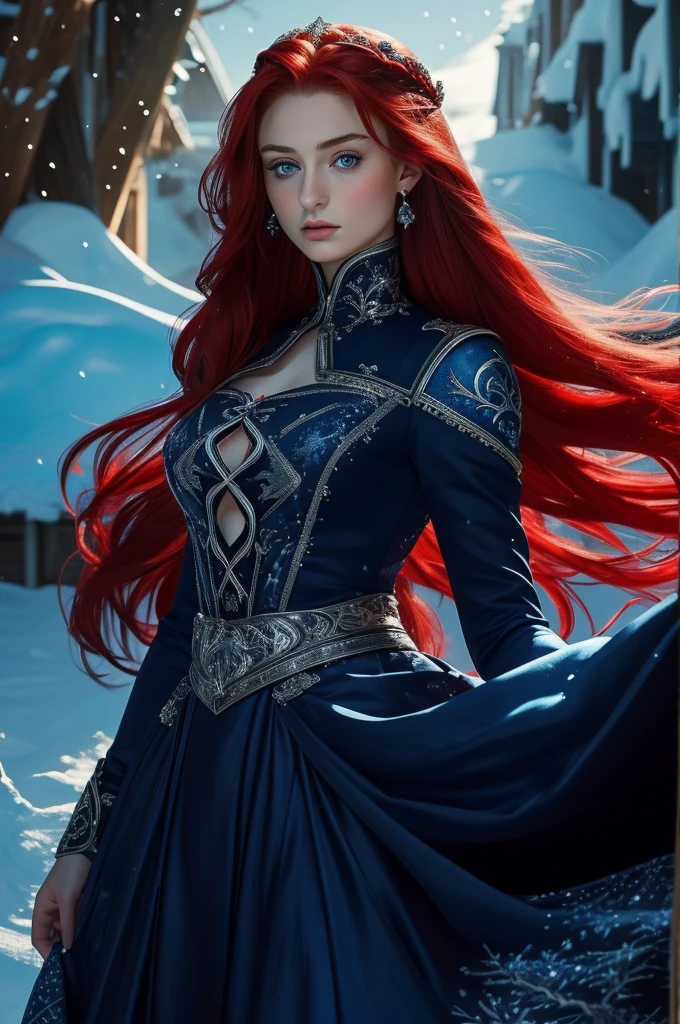 16 year old Sophie Turner, ultra detailed face, ultra detailed blue eyes, long red hair, (dress, long skirt), winter, (((masterpiece)))