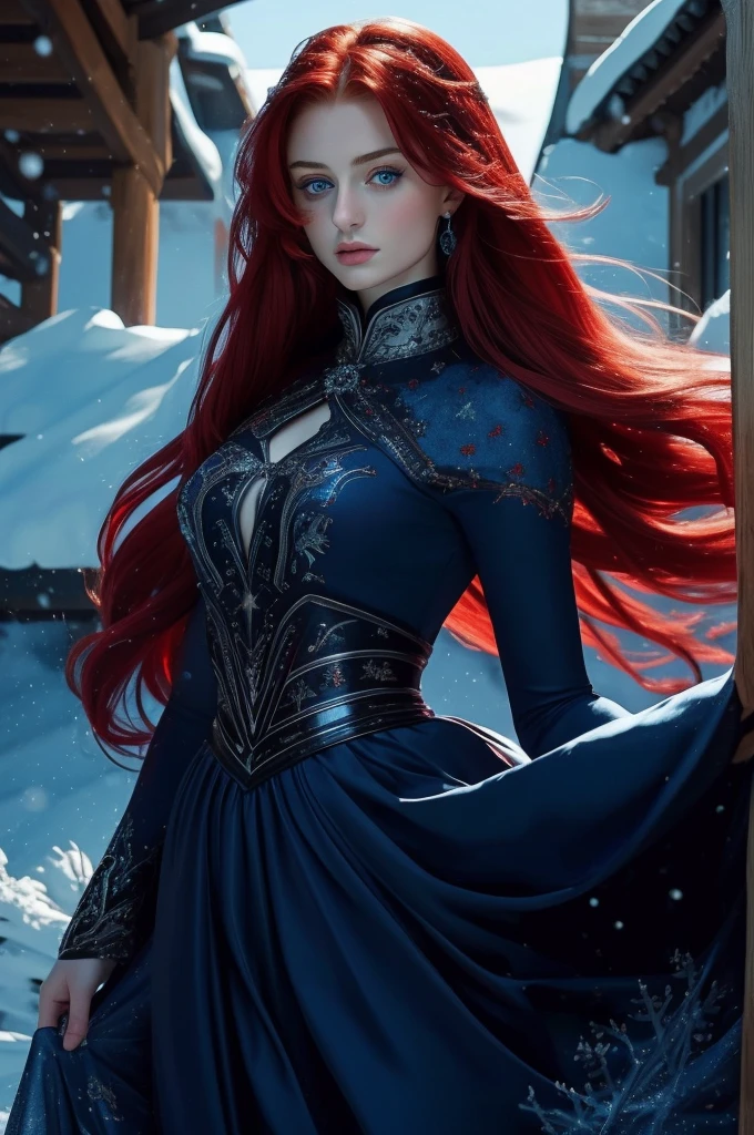 16 year old Sophie Turner, ultra detailed face, ultra detailed blue eyes, long red hair, (dress, long skirt), winter, (((masterpiece)))