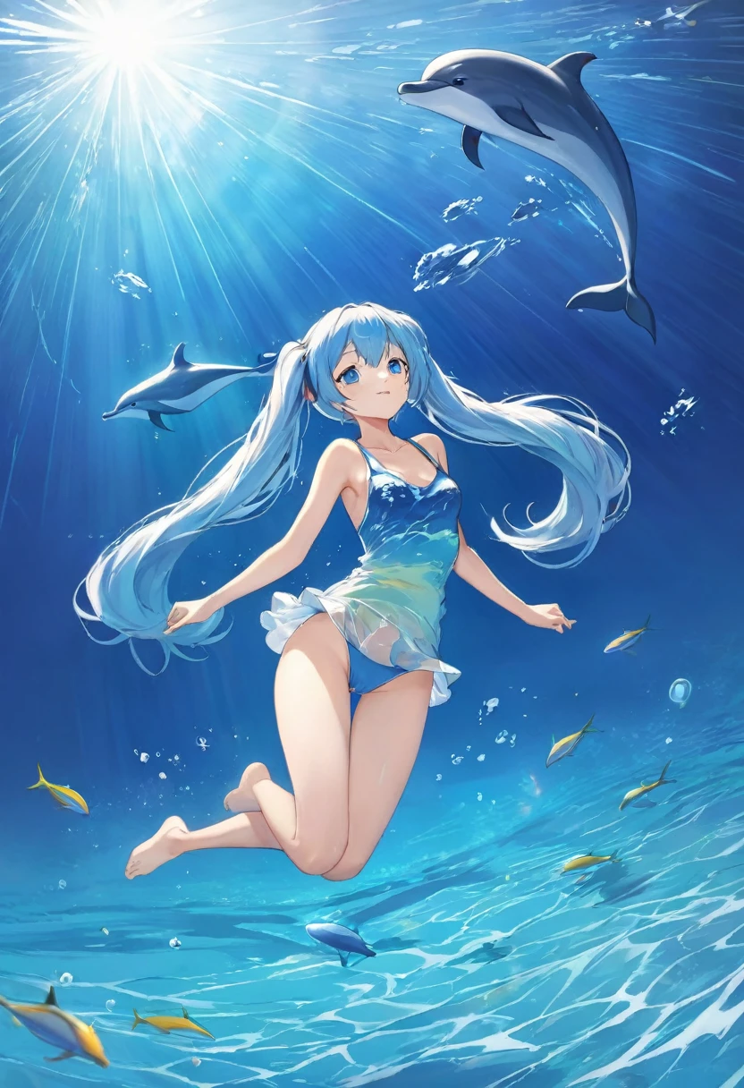 Photo of a dolphin swimming in a colorful ocean, Light blue long hair、beautiful girl with twin tails、Inspired by Cyril Rolland, Beautiful artwork illustration, Colorful concept art,  Cyril Rolland style,  Very detailedな水彩画 8k, Very detailedな水彩画 8 K，Octane，end，Realistic，Clear lines, High Sharpness,Highest quality, Very detailed, Master Parts, Cinematic Lighting Effects, 4K 