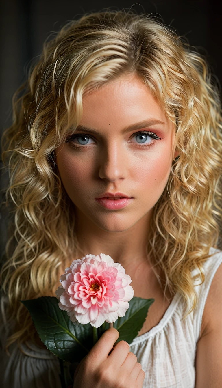 curly haired blonde, piercing eyes, holding a flower