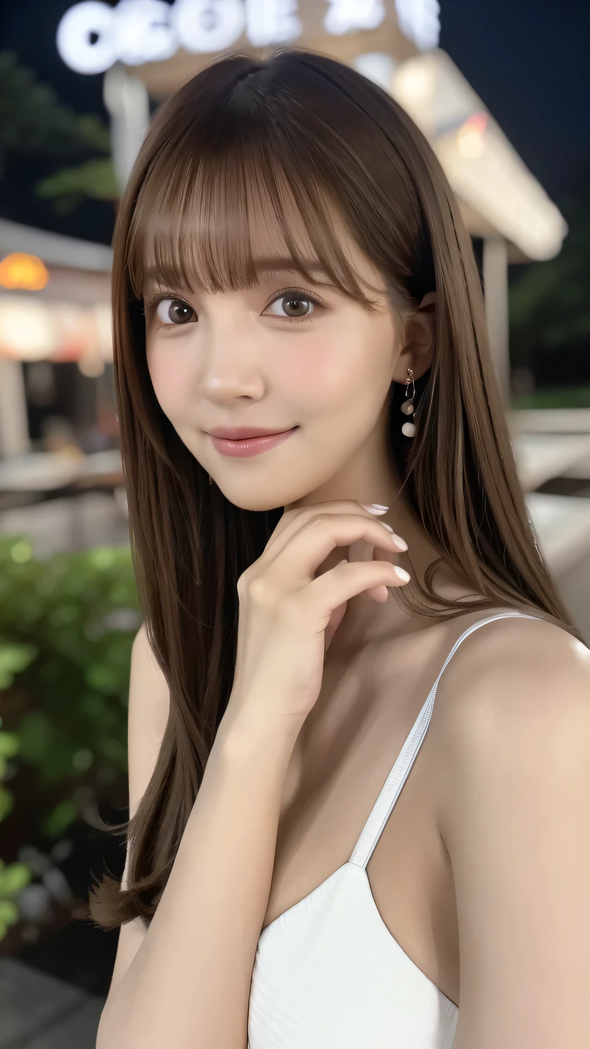 19-year-old girl, (Pure white swimsuit), RAW Photos, Highest quality, Realistic, Very delicate and beautiful, Very detailed, 8k wallpaper, High resolution, Soft Light, Full Body Shot、Very detailed目と顔, Beautiful and detailed nose, Fine and beautiful eyes, Cinema Lighting, City lights at night, Perfect Anatomy, Slender body, Shapely breasts, Straight hair, smile, Asymmetrical bangs, Light brown hair