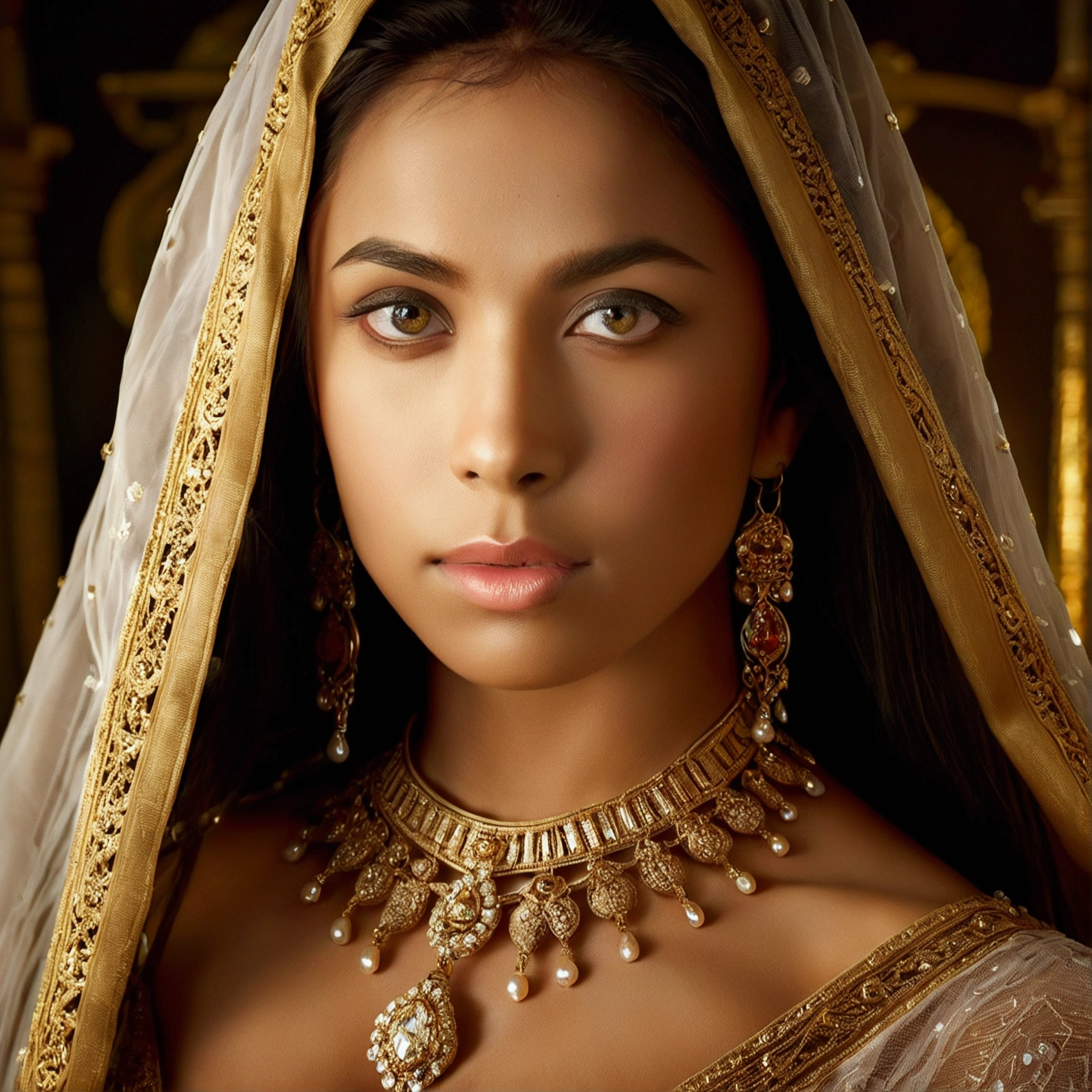 The portrait is ultra-detailed, looks like real girl with sharp focus and high resolution. The model’s skin and eyes are highly detailed, and the golden jewelry is rendered with precision and accuracy. The photograph has a cinematic quality to it, with dramatic lighting that emphasizes the beauty of the model and the richness of her surroundings. The image is captured with an 8k camera and edited using the latest digital tools to produce a flawless final result.