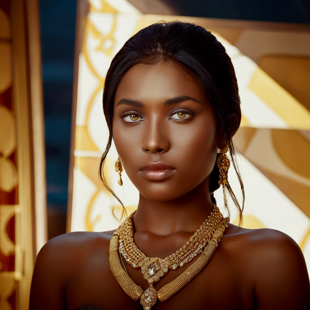The portrait is ultra-detailed, looks like real girl with sharp focus and high resolution. The model’s skin and eyes are highly detailed, and the golden jewelry is rendered with precision and accuracy. The photograph has a cinematic quality to it, with dramatic lighting that emphasizes the beauty of the model and the richness of her surroundings. The image is captured with an 8k camera and edited using the latest digital tools to produce a flawless final result.