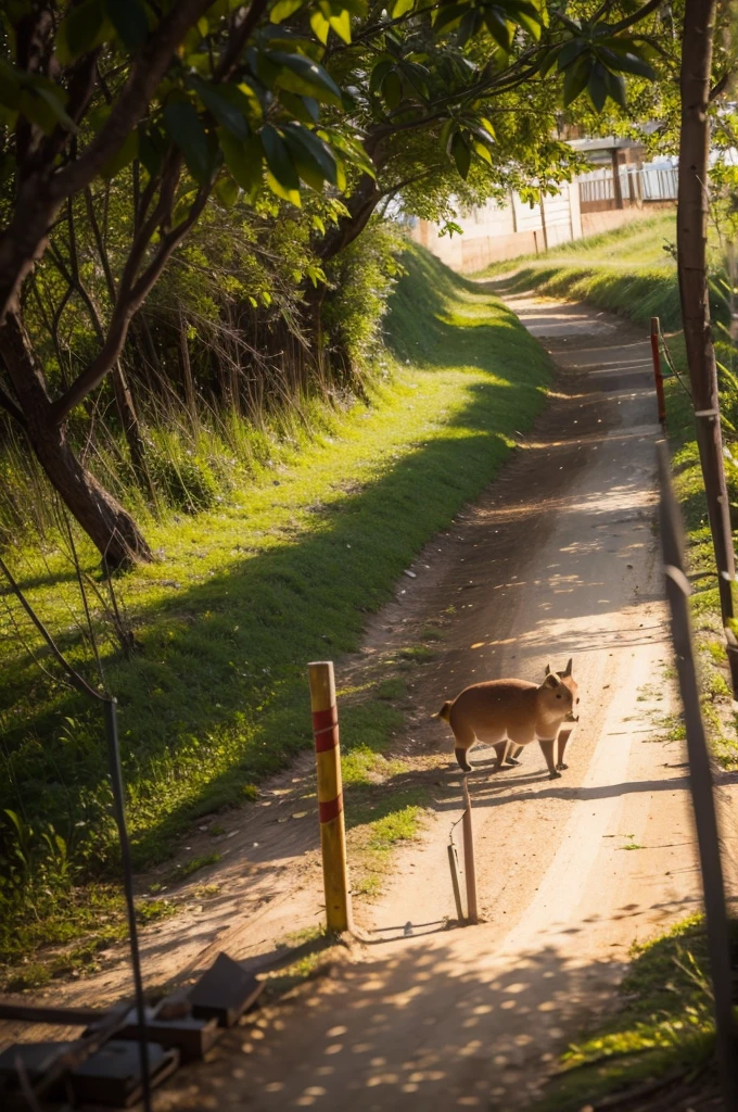 SMALL GREEN TREES WITH A VERY YELLOW SUN AND 1 CAPIVARA WALKING