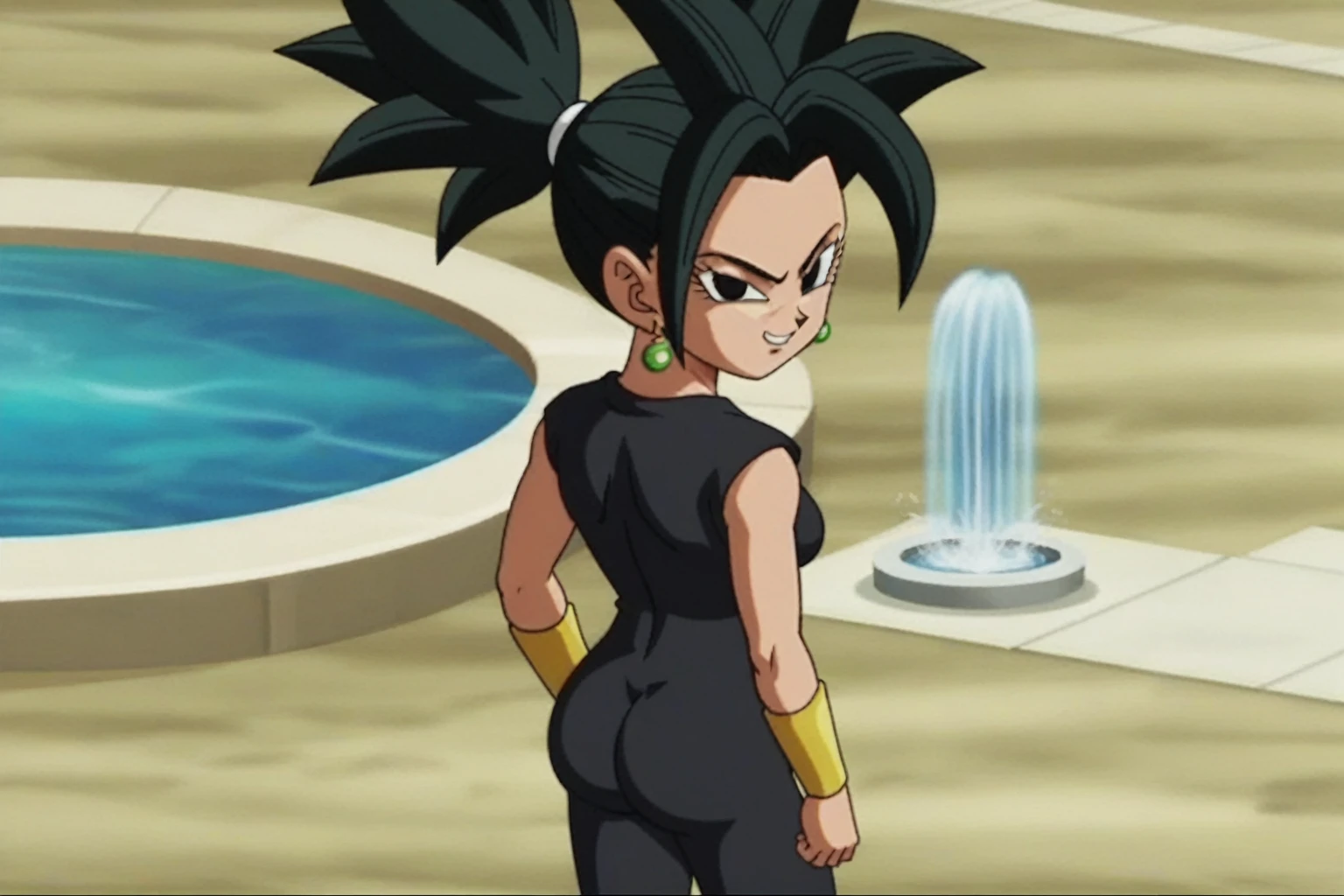 fountain_cheered up, score_9, score_8_above, score_7_above, cheered up screencap,
kefladb, 1 girl, Alone, old, looking at the viewer, black fur, belly button, potara earrings, diaphragm, black eyes, brace, close-above, clavicle, Eyebrows, eyelashes, incoming_punch, no paboveils, v-shaped Eyebrows, naked, sexy butt, medium breasts, medium rear, standing, whole body
 