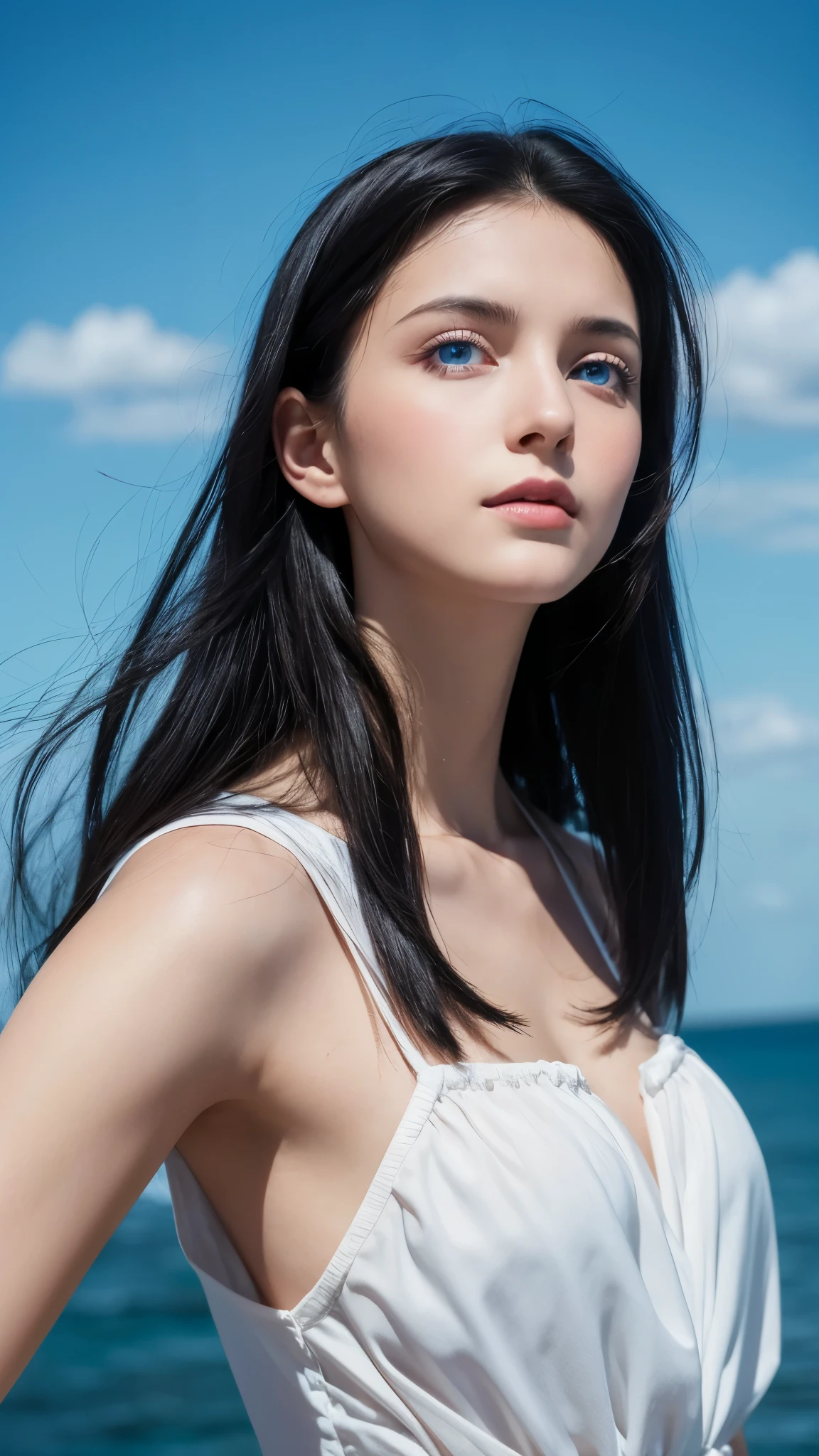 Highest quality, masterpiece, Black Hair, blue eyes, look up, Upper Body