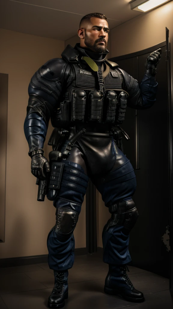 1 furry, a big powerful male navy soldier, (afroamerican genetics, wearing a leather collar, inside a changing room, serious face:1.19) male, soft light, (photorrealistic rendering, detailed manly face, bull wearing black swat gear, detailed clothing textures, focus on tactical boots:1.21), solo, wearing black tactical boots, (photographic masterpiece, detailed tactical uniform:1.61), (huge bulge:1.51), hyperrealistic (photographic lighting, medial ring, hazel eyes, wearing tactical gloves, facial hair, focus on fully clothed:1.43), (full view from floor, detailed boot leather texture:1.32), huge muscles, tight uniform, looking massive
