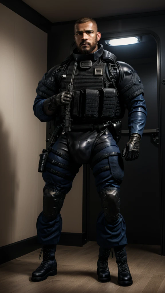 1 furry, a big powerful male navy soldier, (afroamerican genetics, wearing a leather collar, inside a changing room, serious face:1.19) male, soft light, (photorrealistic rendering, detailed manly face, bull wearing black swat gear, detailed clothing textures, focus on tactical boots:1.21), solo, wearing black tactical boots, (photographic masterpiece, detailed tactical uniform:1.61), (huge bulge:1.51), hyperrealistic (photographic lighting, medial ring, hazel eyes, wearing tactical gloves, facial hair, focus on fully clothed:1.43), (full view from floor, detailed boot leather texture:1.32), huge muscles, tight uniform, looking massive