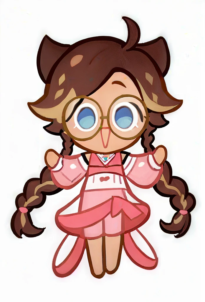chibi, full body, CookieRun, 1 girl, brown hair, long hair, hair braided in two tails, blue eyes, round glasses, black glasses, pink swimsuit, open mouth, joy, white background,