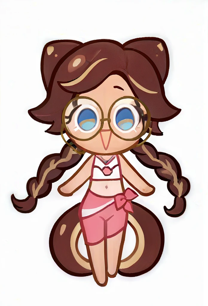 chibi, full body, CookieRun, 1 girl, brown hair, long hair, hair braided in two tails, blue eyes, round glasses, black glasses, pink swimsuit, open mouth, joy, white background, 