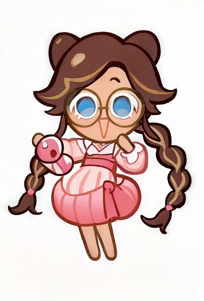 chibi, full body, CookieRun, 1 girl, brown hair, long hair, hair braided in two tails, blue eyes, round glasses, black glasses, pink swimsuit, open mouth, joy, white background, 