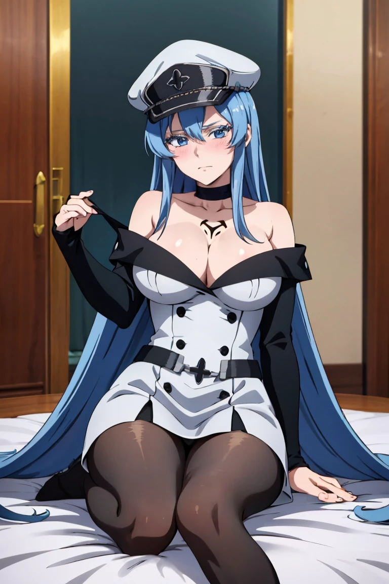 masterpiece, high quality, best quality, 1girl, esdeath, long blue hair, white peaked cap, blue eyes, white military uniform, long sleeves, white thigh high boots, choker, cleavage, anime screencap, anime key visual, femdom, sadism, penis, testicles, trampling, boots crushing penis, stepped_on, penis, sadism, cum on boots, footjob, nsfw, uncensored 