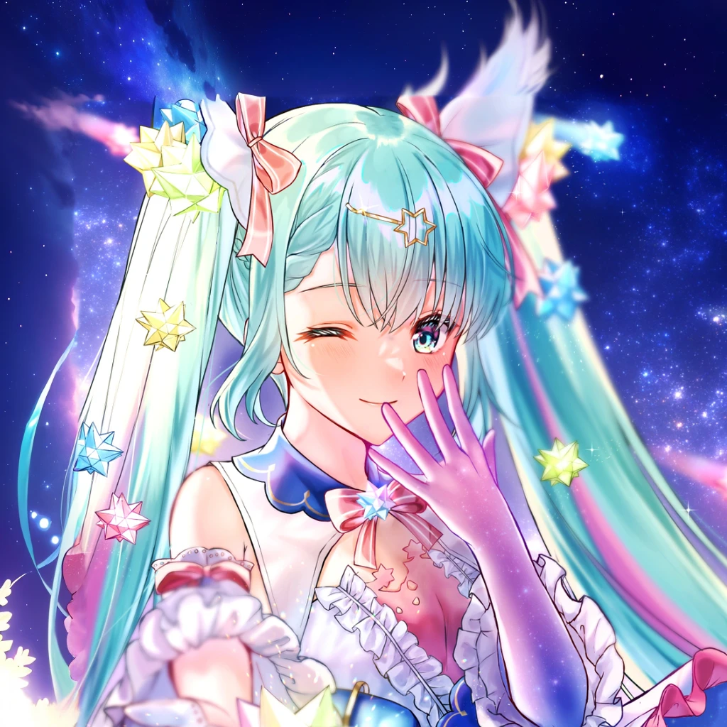 anime girl with blue hair and stars in her hair, hatsune miku portrait, portrait of hatsune miku, mikudayo, miku, hatsune miku, nightcore, anime moe artstyle, pixiv contest winner, anime girl with cosmic hair, pixiv, anime artstyle, digital anime art!!, digital art on pixiv, pixiv style, expand, starry sky, iridescent