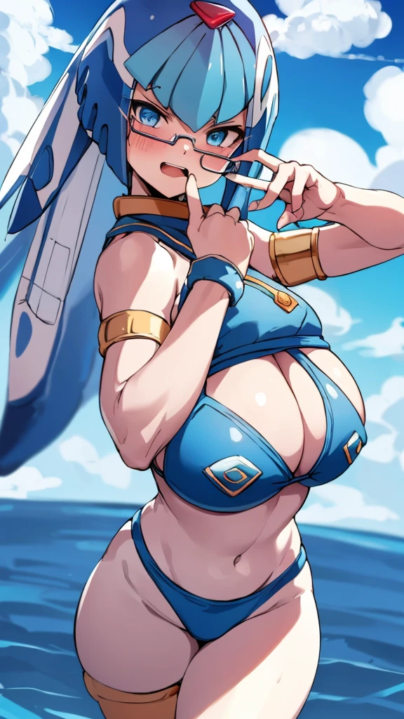 Leviathan_Megamanz, 1 Girl ,Looking at the viewer , blue hair, Blue eyes,Clouds background , Blushed, Wedding ring, Glasses , Blue Micro bikini ,Shark teeth , mouth open , Face Only 