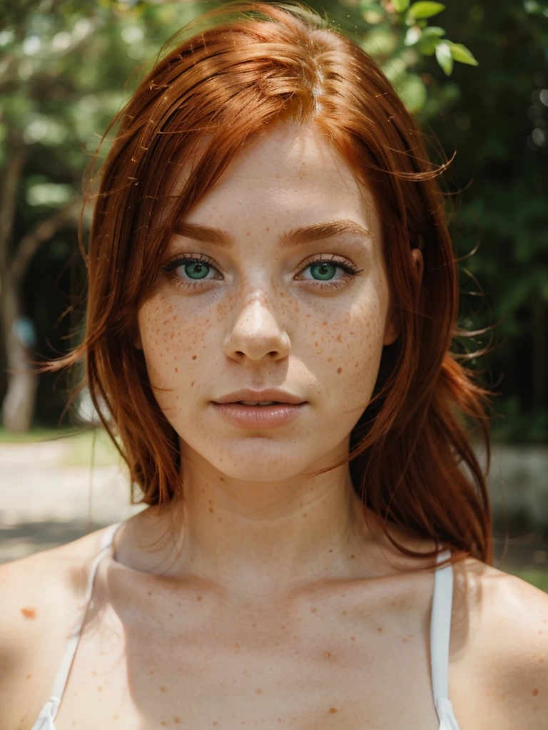 a red-haired woman with freckles and 3x4 green eyes