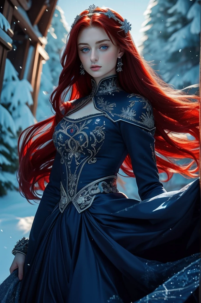 16 year old Sophie Turner, ultra detailed face, ultra detailed blue eyes, long red hair, (dress, long skirt), winter, (((masterpiece)))