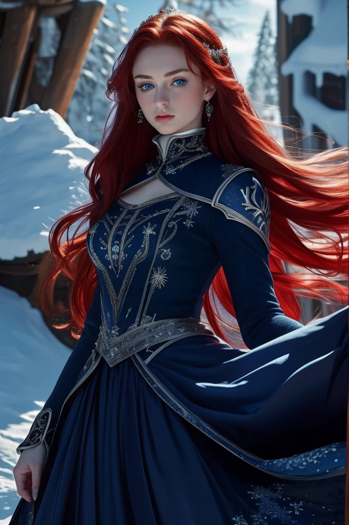 16 year old Sophie Turner, ultra detailed face, ultra detailed blue eyes, long red hair, (dress, long skirt), winter, (((masterpiece)))
