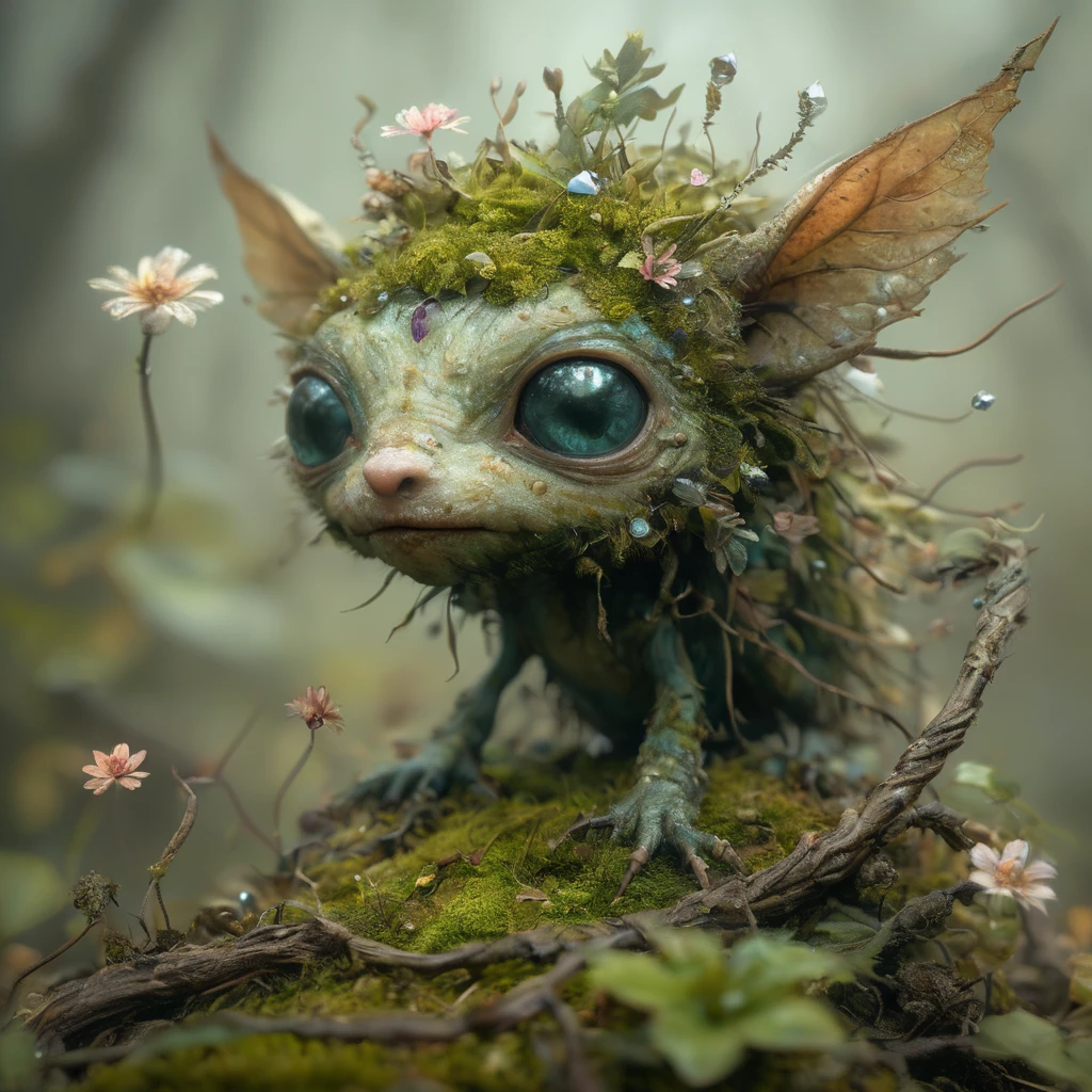 woodland creature searching for a mate,biome made of moss,twigs,flowers,gems,crystals,light,wind,energy,hope,ultra high definition,glossy,photo realistic,3d,national geographic photo of a fae caught on camera in his biome,princess and wise,with silly,