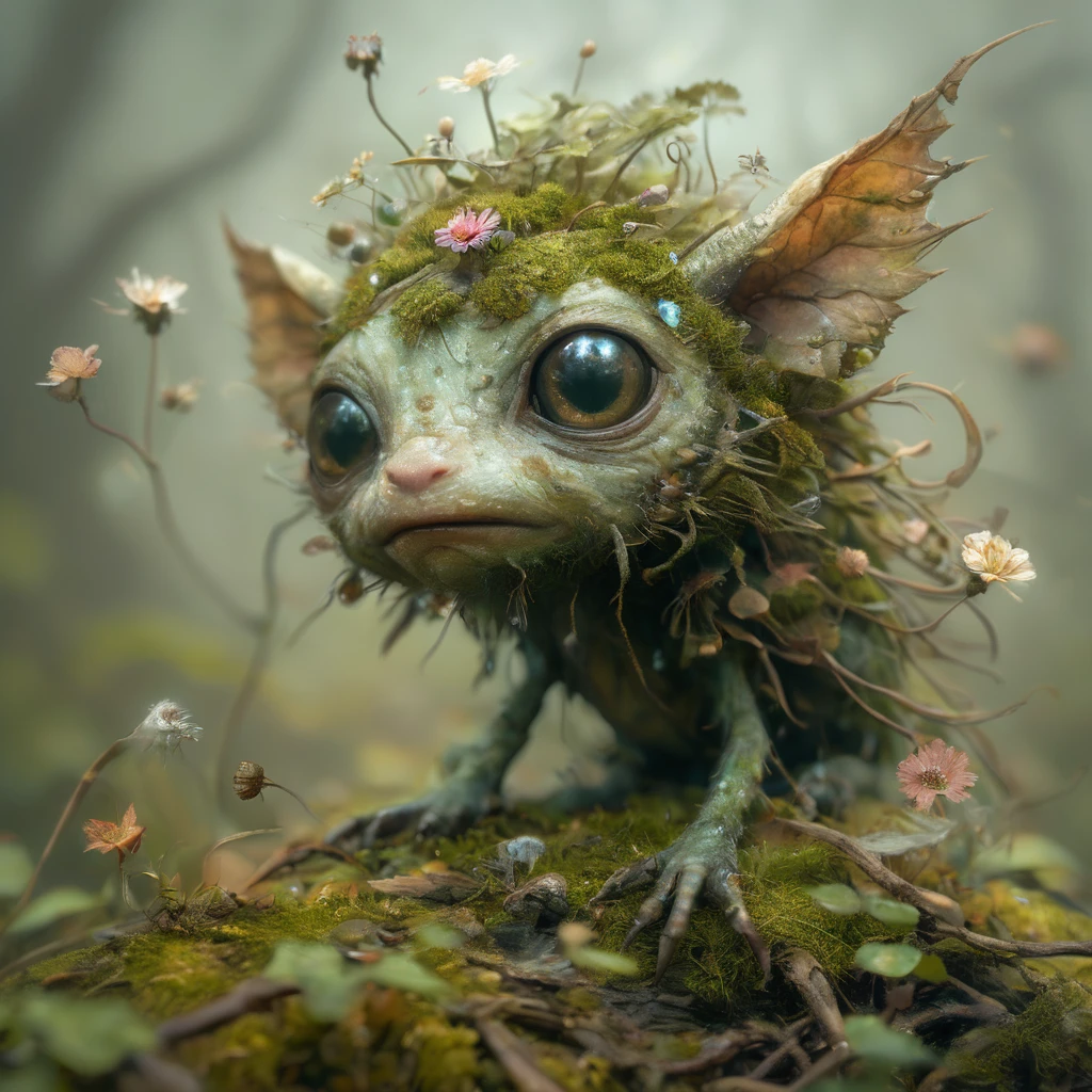 woodland creature searching for a mate,biome made of moss,twigs,flowers,gems,crystals,light,wind,energy,hope,ultra high definition,glossy,photo realistic,3d,national geographic photo of a fae caught on camera in his biome,princess and wise,with silly,