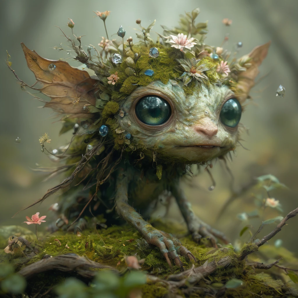 woodland creature searching for a mate,biome made of moss,twigs,flowers,gems,crystals,light,wind,energy,hope,ultra high definition,glossy,photo realistic,3d,national geographic photo of a fae caught on camera in his biome,princess and wise,with silly,