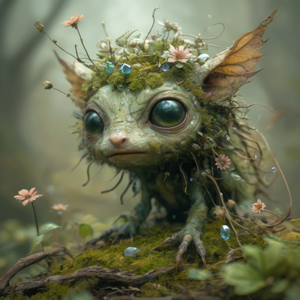 woodland creature searching for a mate,biome made of moss,twigs,flowers,gems,crystals,light,wind,energy,hope,ultra high definition,glossy,photo realistic,3d,national geographic photo of a fae caught on camera in his biome,princess and wise,with silly,