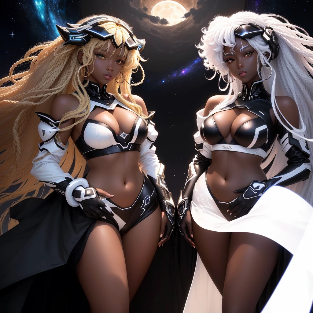 black twin sisters, moon and sun, magie, background of a galaxy, one with blonde hair and the other with white hair, [[dark ski]], afro, darkskin, Perfect Anatomia, black and white kpop outfit, [[detalhes de moon and sun nas roupas]],[[afro hair]] two women in costume stand in front of the full moon, shining skin, cyber universe style, astral witch clothes, ( ( darkskin ) ), kda, glossy white armor, loish wlop and clamp style, cute sci-fi twins, futuristic bikini with blank space, anime highly detailed, black and white slinky robes!