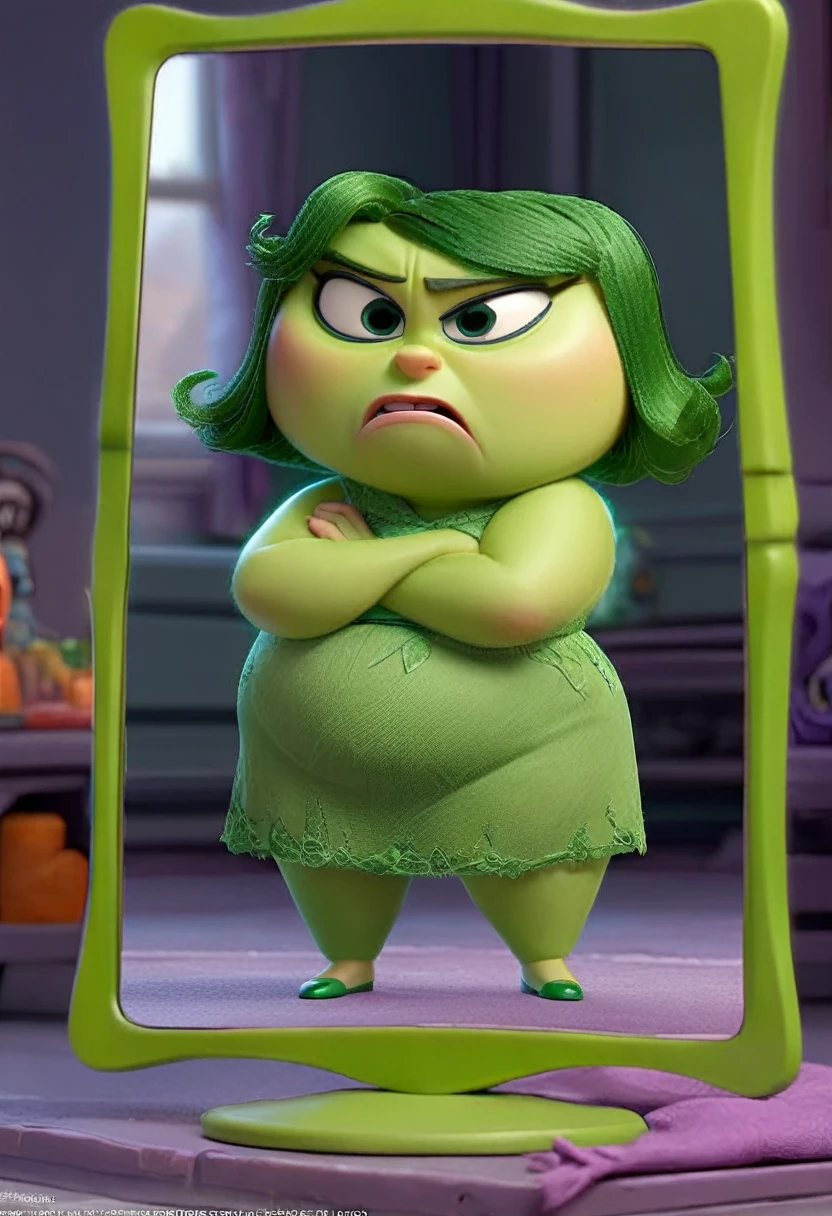 Disgust inside out, Green skin, culona, big thighs, small waist, gesture of disgust, posing his body in the mirror