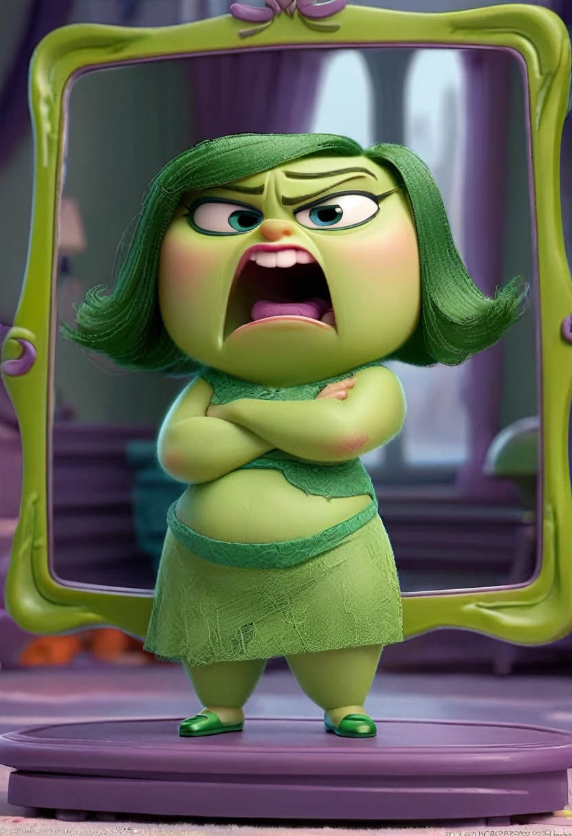 Disgust inside out, Green skin, culona, big thighs, small waist, gesture of disgust, posing his body in the mirror 