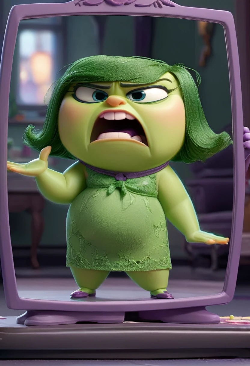 Disgust inside out, Green skin, culona, big thighs, small waist, gesture of disgust, posing his body in the mirror 