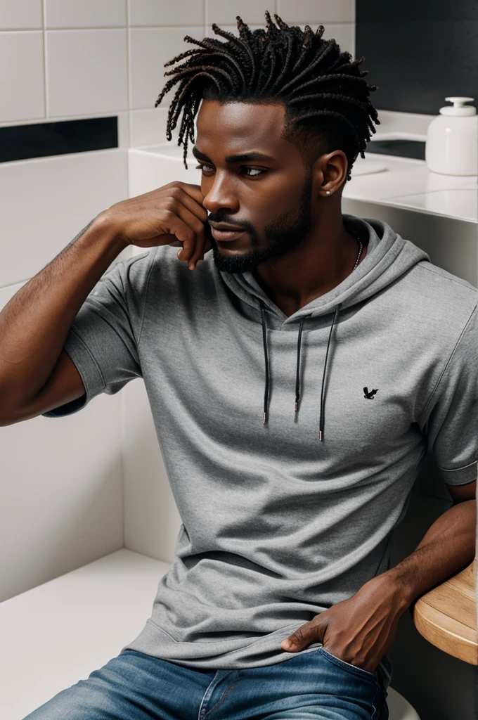 Homme cheveux noir et long yeux noir abyssaux peau de porcelaine sweat à capuche et jean