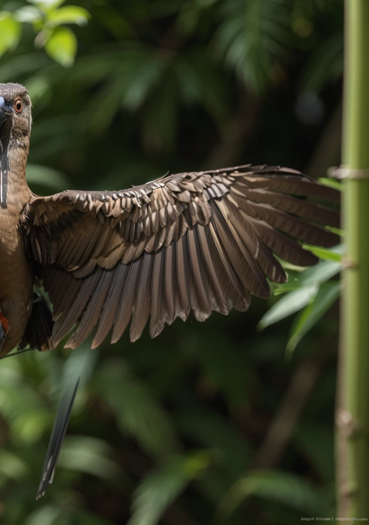 Majestic brown bird, frontal profile, wings open front, bird looking forward frontal, long beak, painted neck igual peru, painted neck, half of the body