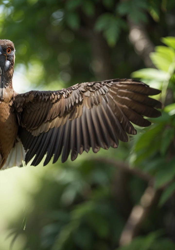 Majestic brown bird, frontal profile, wings open front, bird looking forward frontal, long beak, painted neck igual peru, painted neck, half of the body