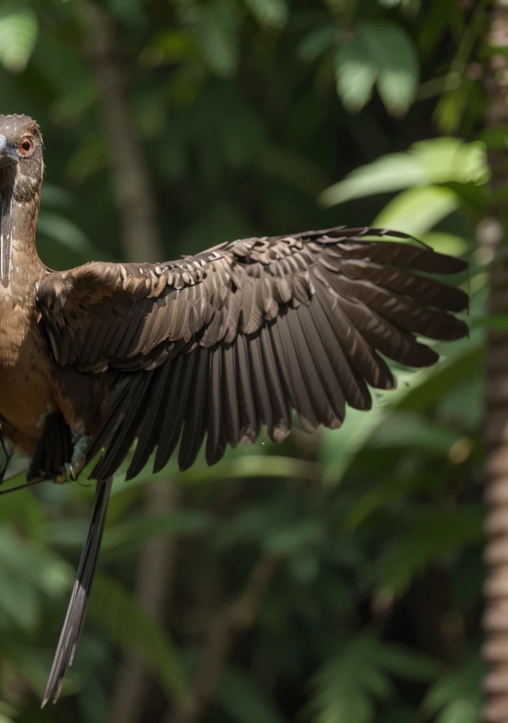 Majestic brown bird, frontal profile, wings open front, bird looking forward frontal, long beak, painted neck igual peru, painted neck, half of the body