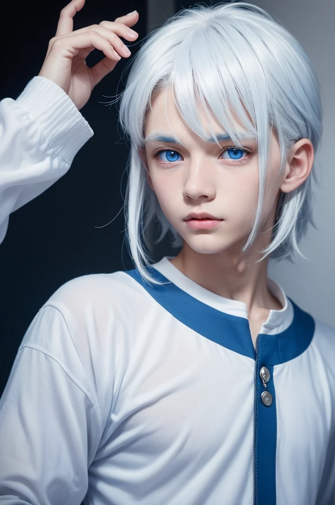 Light-skinned boy, straight bluish white hair, clear blue eyes.
