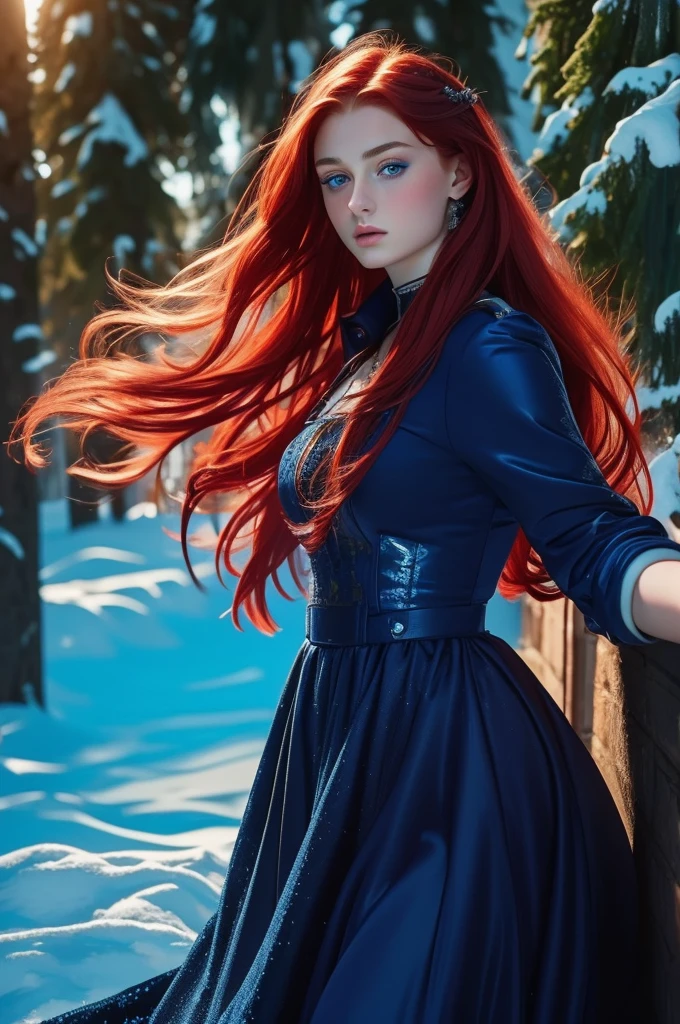  Sophie Turner, ultra detailed face, ultra detailed blue eyes, long red hair, (dress, long skirt), winter, (((masterpiece)))