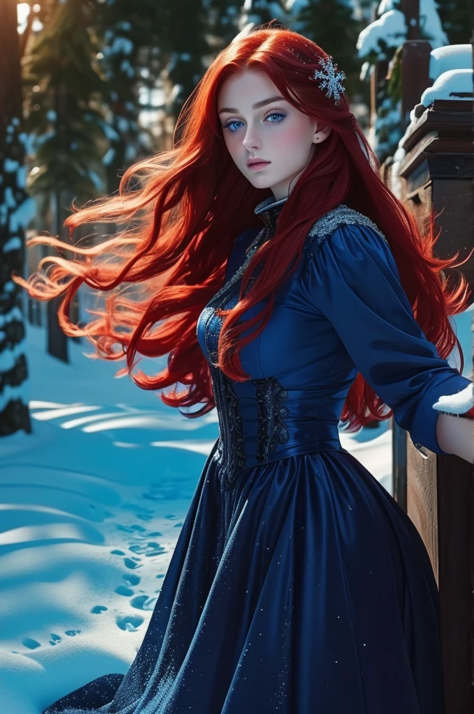16 year old Sophie Turner, ultra detailed face, ultra detailed blue eyes, long red hair, (dress, long skirt), winter, (((masterpiece)))