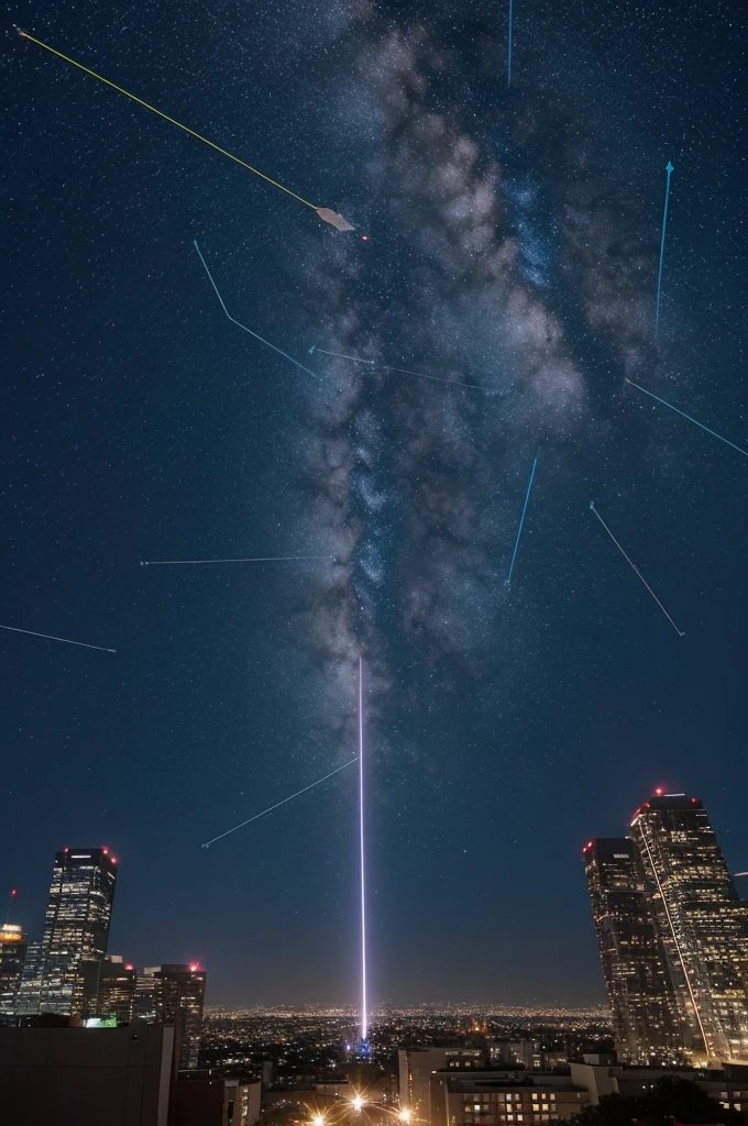 In the starry sky, numerous arrow beams shoot up from the ground into the sky.、And the arrow is pointing higher and higher into the sky, like a graph that is rising to the right.