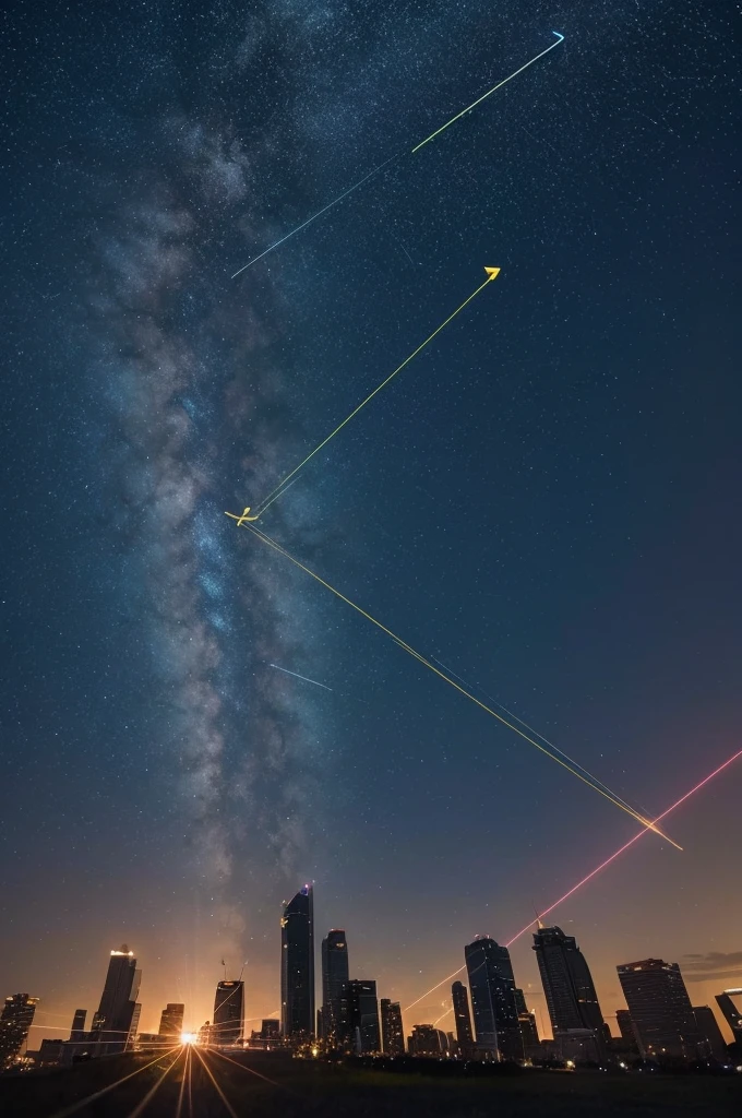 In the starry sky, numerous arrow beams shoot up from the ground into the sky.、And the arrow is pointing higher and higher into the sky, like a graph that is rising to the right.