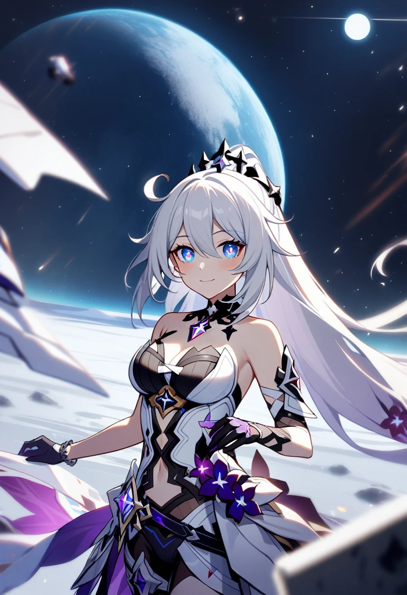 1girl, Kiana Kaslana \(Herrscher of Finality), Honkai Impact 3rd, ponytail, smile, extremely detailed eyes, lunar surface, moon base, earth, outer space