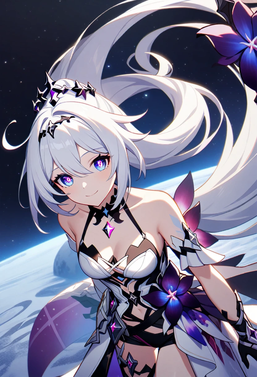 1girl, Kiana Kaslana \(Herrscher of Finality), Honkai Impact 3rd, ponytail, smile, extremely detailed eyes, lunar surface, moon base, earth, outer space