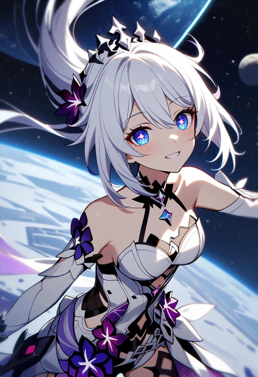 1girl, Kiana Kaslana \(Herrscher of Finality), Honkai Impact 3rd, ponytail, smile, extremely detailed eyes, lunar surface, moon base, earth, outer space