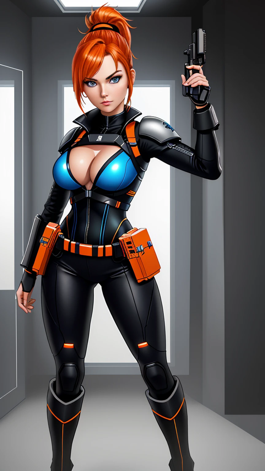 (((full body photo))), 1girl, Sexy and Experienced Cyberpunk Agent, ((32 years old, dressed in tight futuristic sci-fi bodysuit, cleavage, utility belt, armor, boots, medium breasts, short orange hair , ponytail hairstyle hair, fair skin, natural makeup, athletic body:1.3, detailed blue eyes:1.5, looking at the viewer:1.3, holding two pistols with both hands:1.2)) heroic pose, full body, full body , fight scene , full length, super facial details, very detailed, 8k, dark tone, dark shadow, glow in the dark, game color correction, (HDR, UHD, k, best quality, RAW photo, best quality, artwork -prime: 1.5), UHD, hd, k, hyperrealism, very detailed, hyperrealism, very detailed, in hyperrealistic detail, full body hyperrealistic detail, highly detailed, digital painting, artstation trends, HD quality
