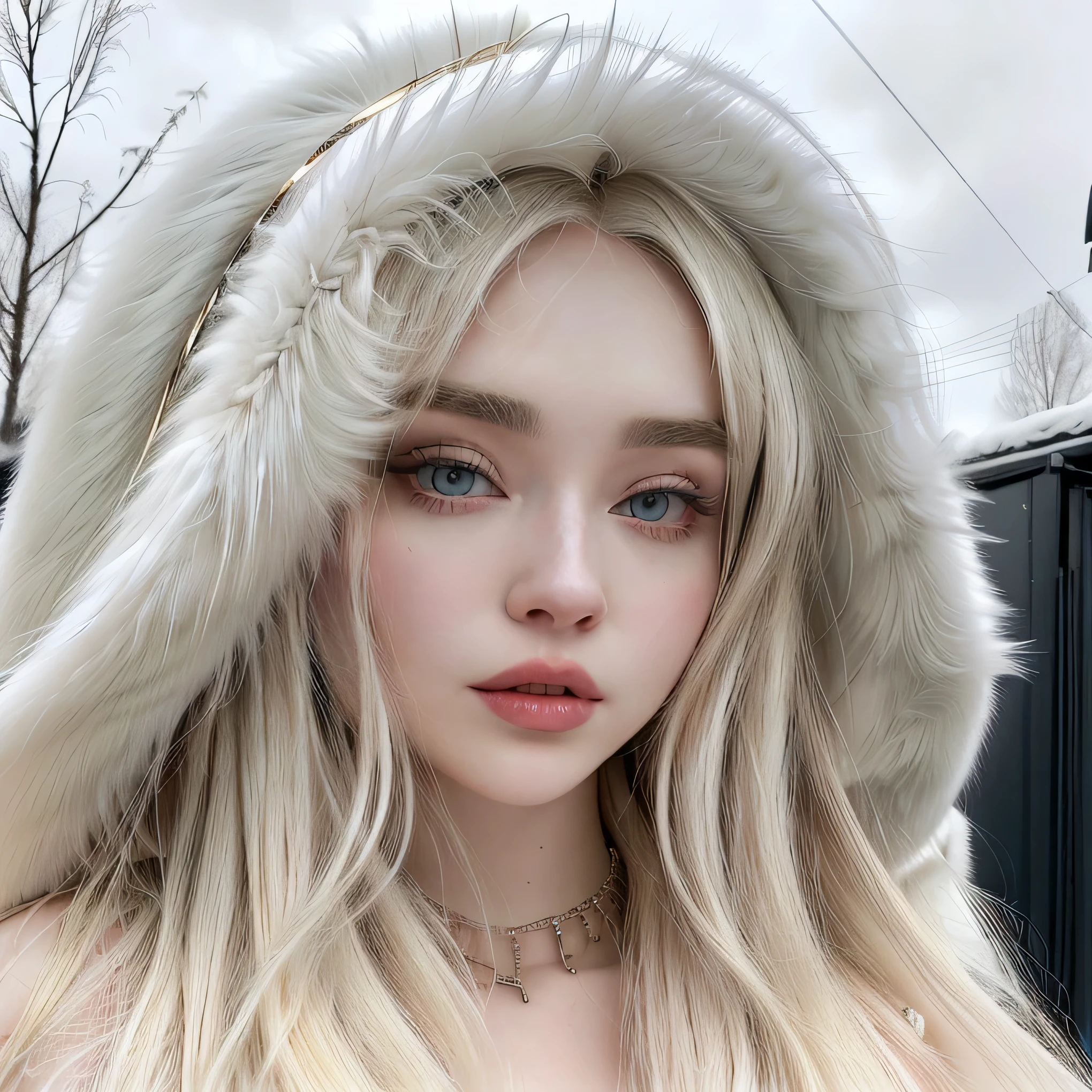 arafed woman in a fur coat with a hood on, ava max, white fur, perfect white haired girl, sabrina carpenter, anna nikonova aka newmilky, extremely pale white skin, yelena belova, russian girlfriend, wearing a luxury fur coat, she looks like a mix of grimes, long blonde hair and large eyes