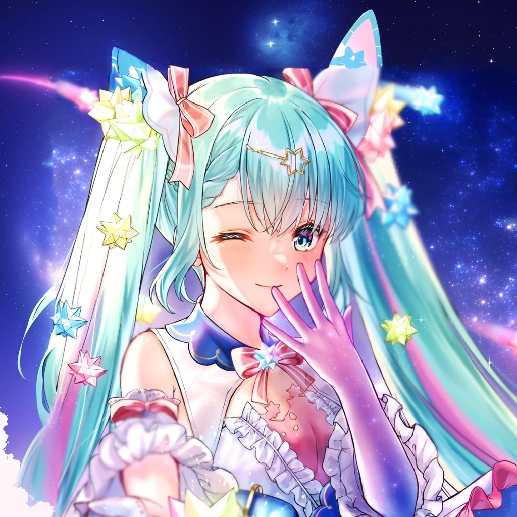 anime girl with blue hair and stars in her hair, hatsune miku portrait, portrait of hatsune miku, mikudayo, miku, hatsune miku, nightcore, anime moe artstyle, pixiv contest winner, anime girl with cosmic hair, pixiv, anime artstyle, digital anime art!!, digital art on pixiv, pixiv style, expand, starry sky, iridescent
